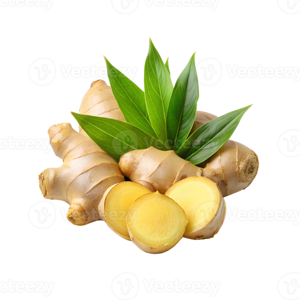 Fresh ginger rhizome and sliced with leaves png