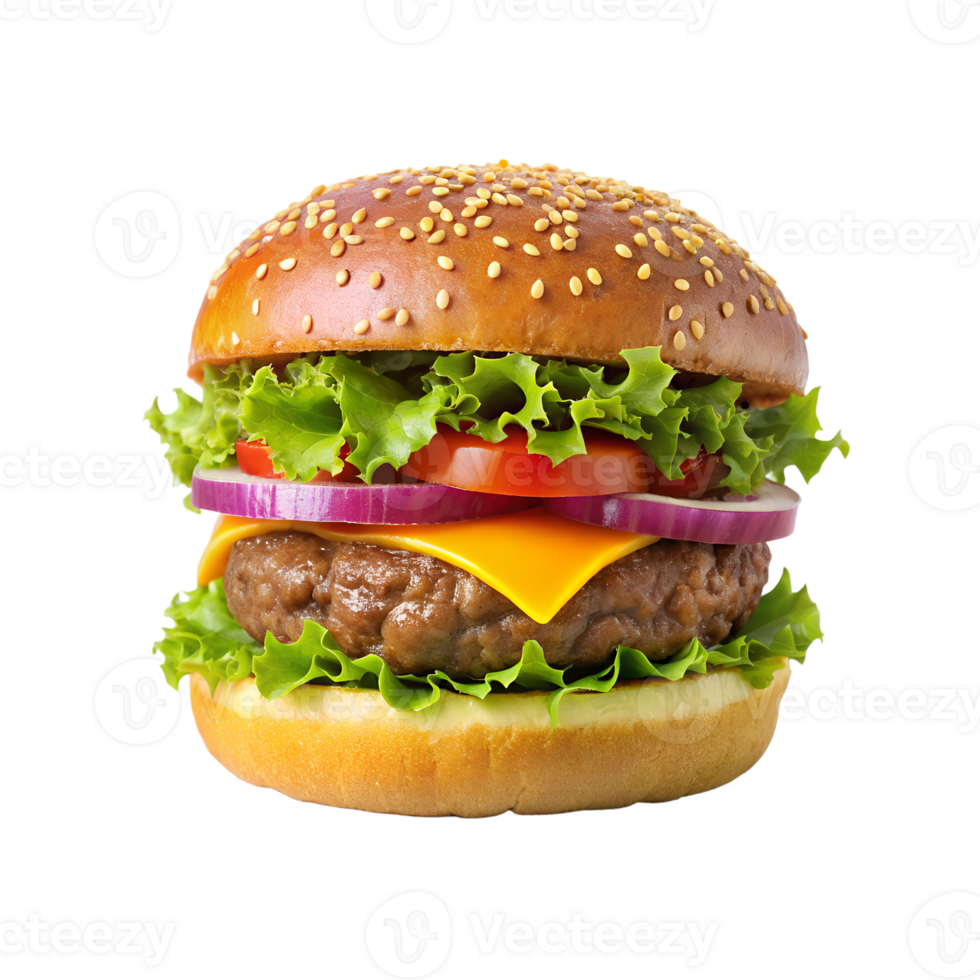 a hamburger with lettuce, tomato and cheese on a white background png