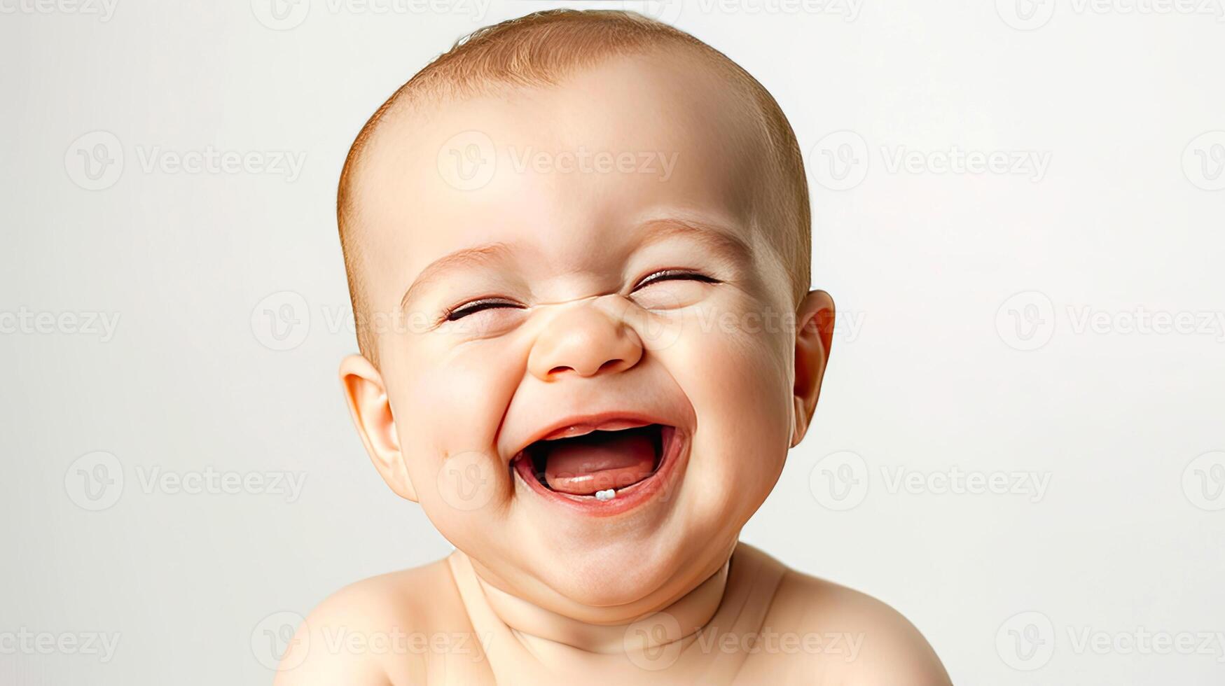 Cute laughing baby boy on white background. Childish emotions concept. illustration. photo