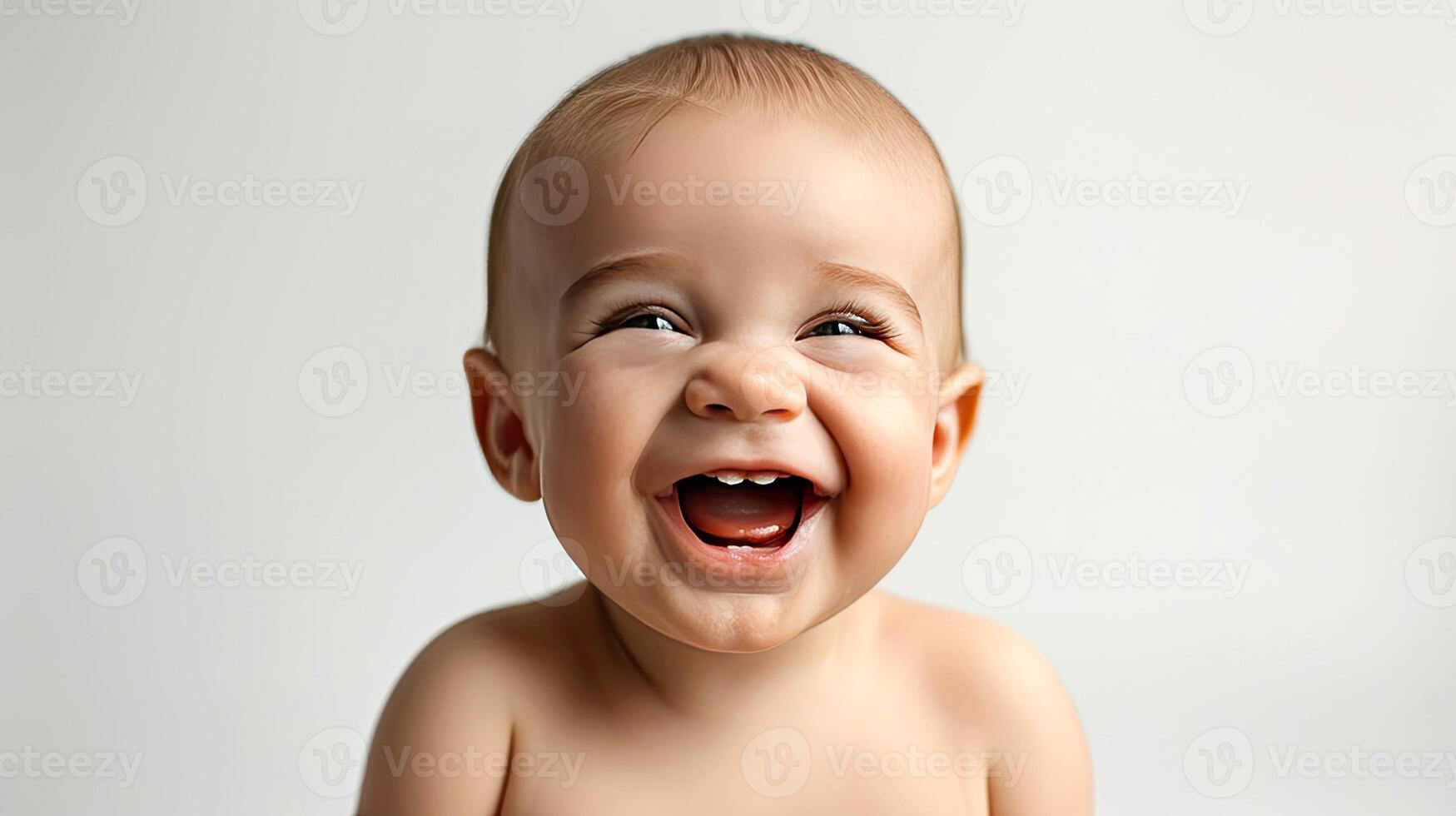 Cute baby boy laughing cheerfully on white background. Childish emotions concept. illustration. photo