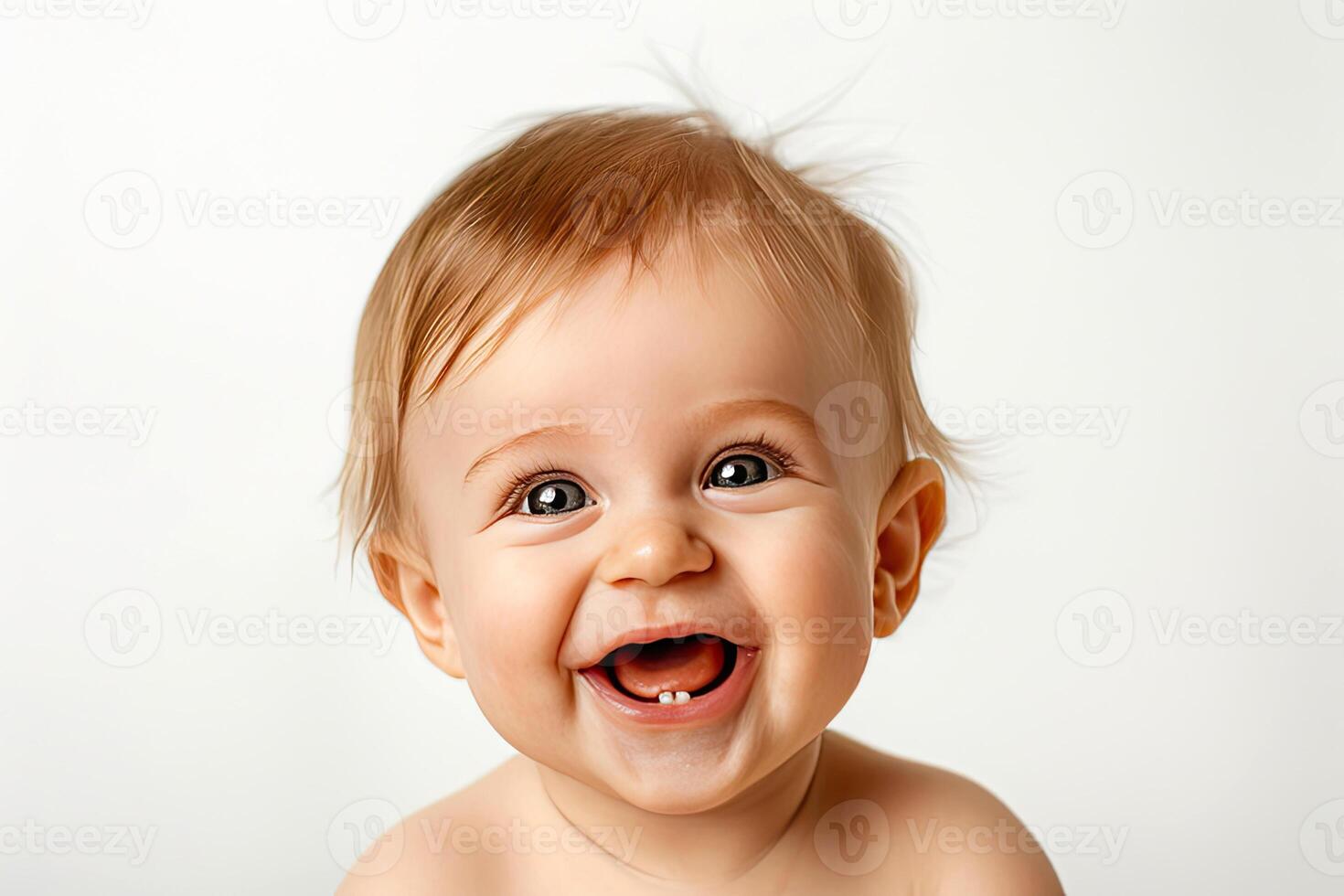 Cute one year old baby laughing on white background. Child emotions concept. illustration. photo