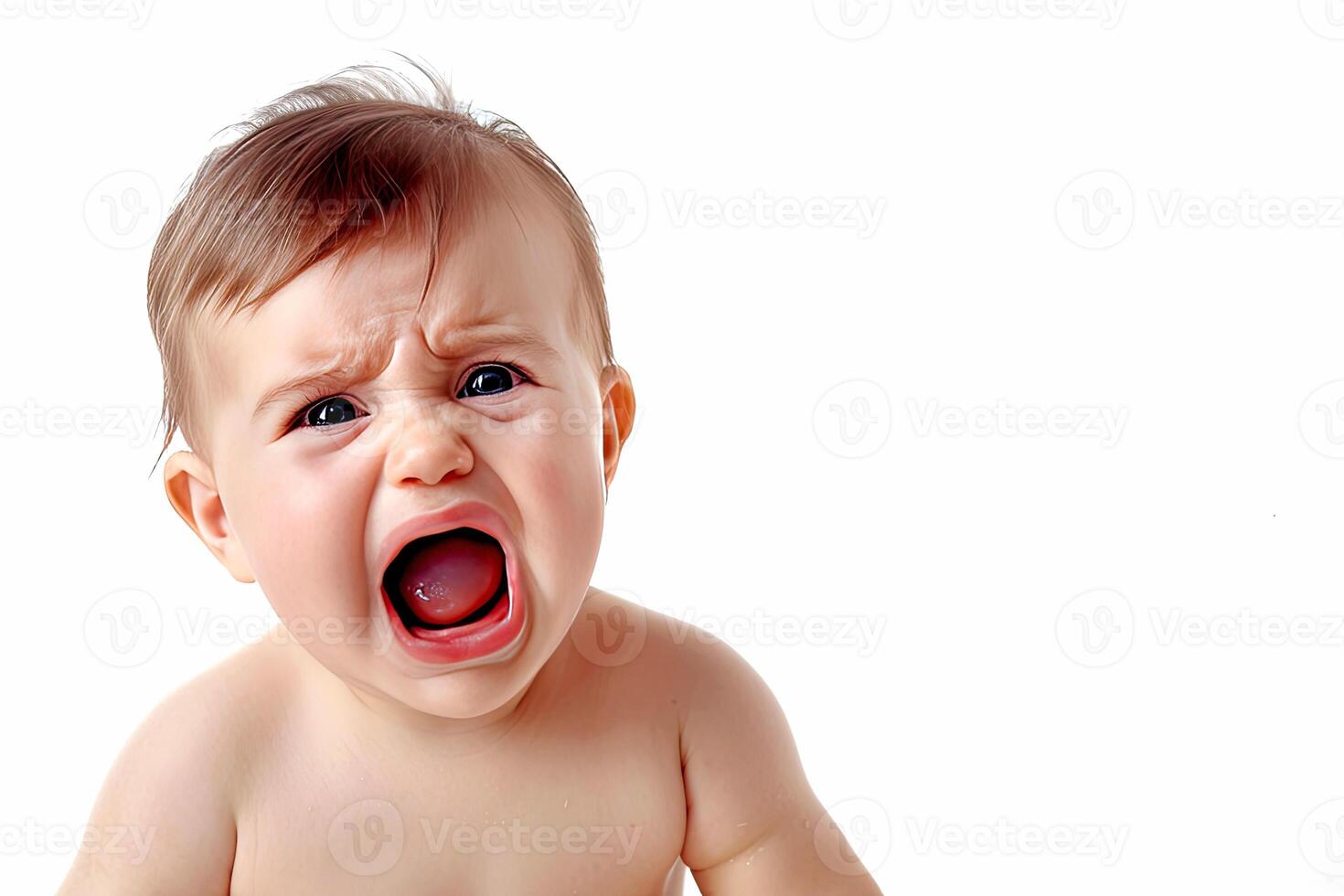 One year old baby crying and screaming on white background. Child emotions concept. illustration. photo