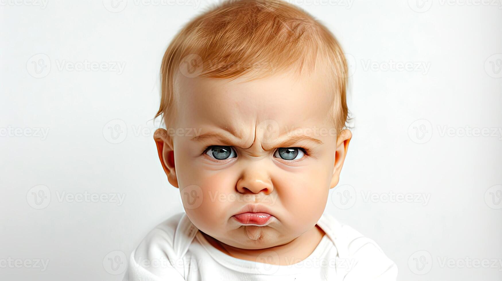 Cute angry baby on white background. Child emotions concept. illustration. photo
