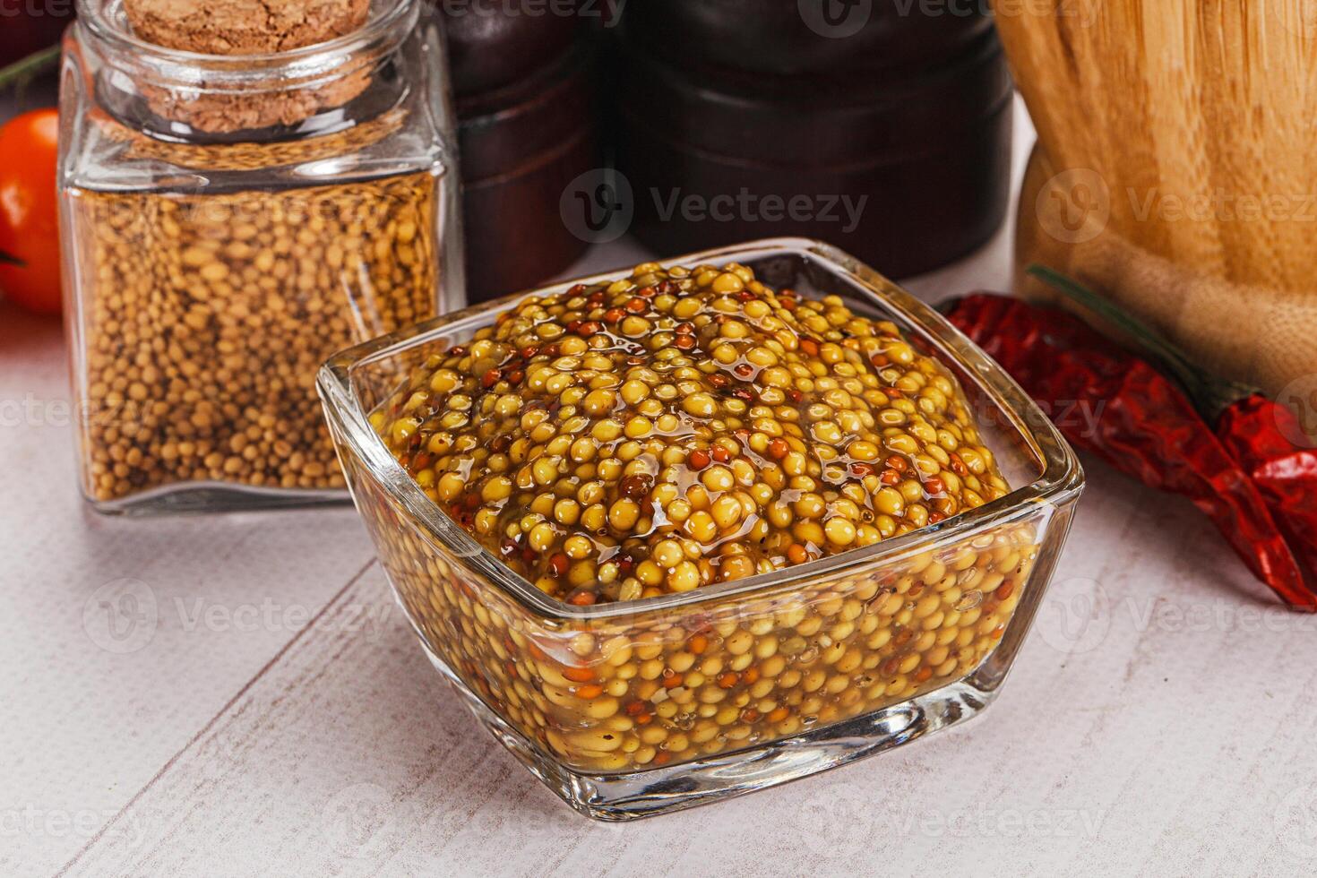 Spicy mustard sauce with seeds photo