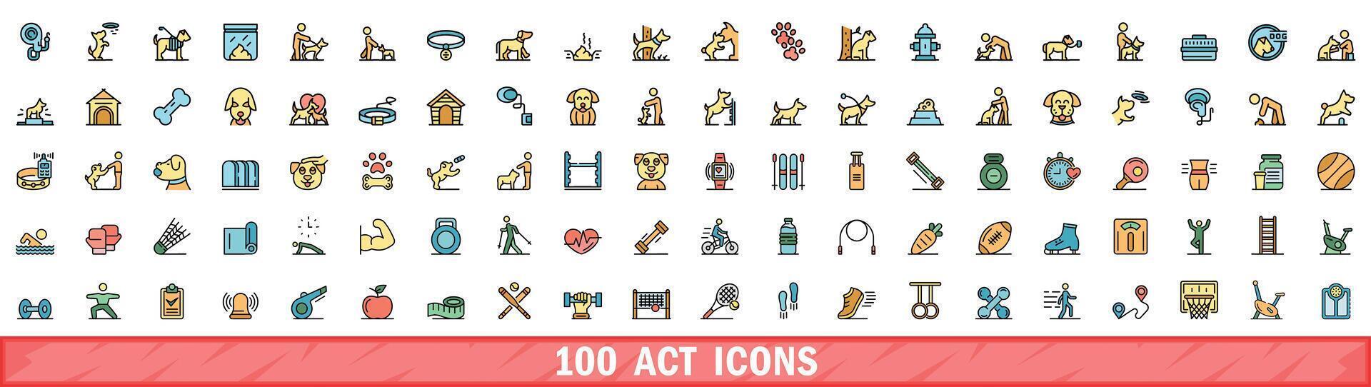 100 act icons set, color line style vector
