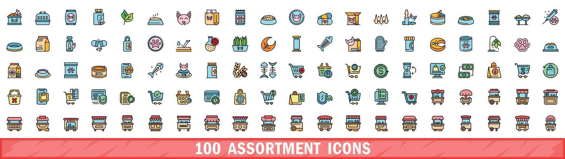 100 assortment icons set, color line style vector