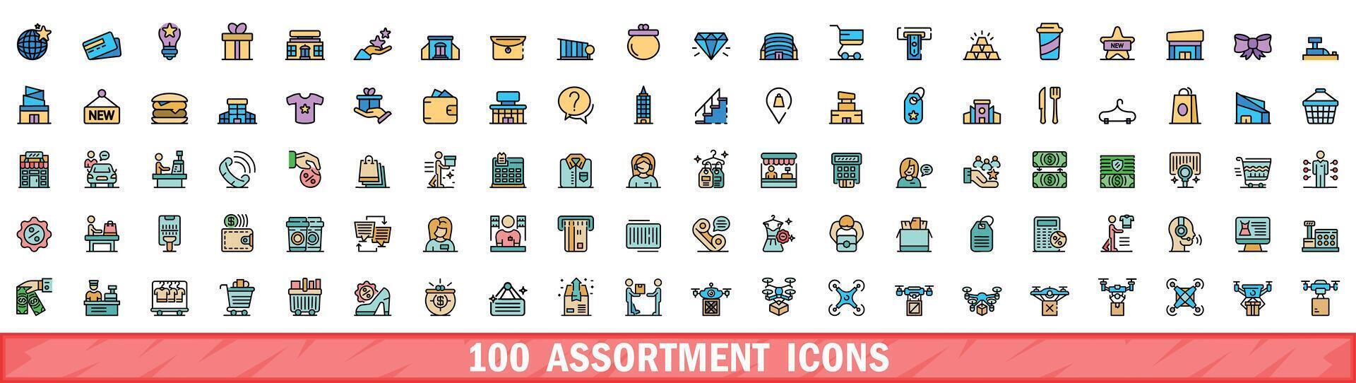100 assortment icons set, color line style vector