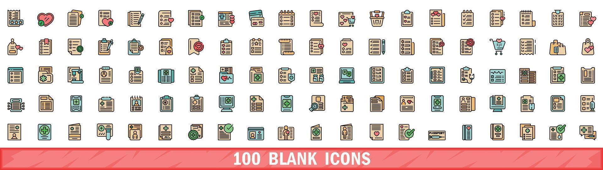 100 blank icons set, color line style vector
