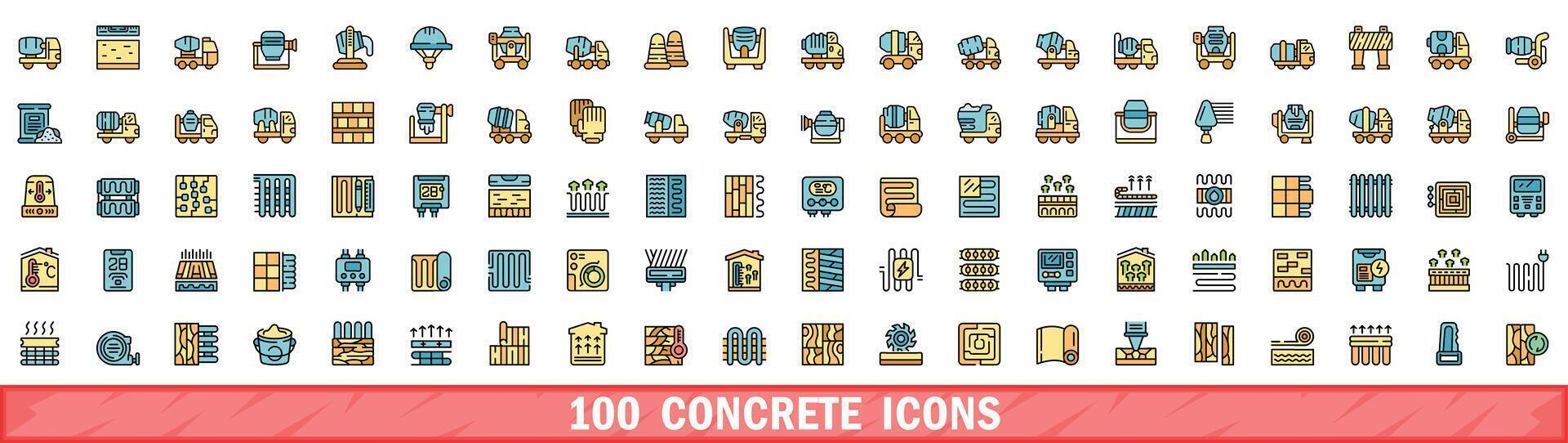 100 concrete icons set, color line style vector