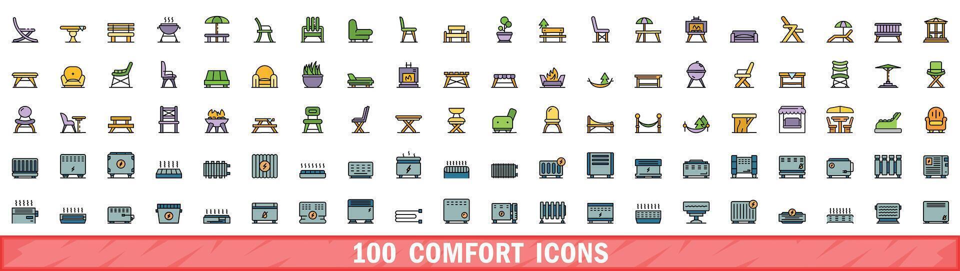 100 comfort icons set, color line style vector