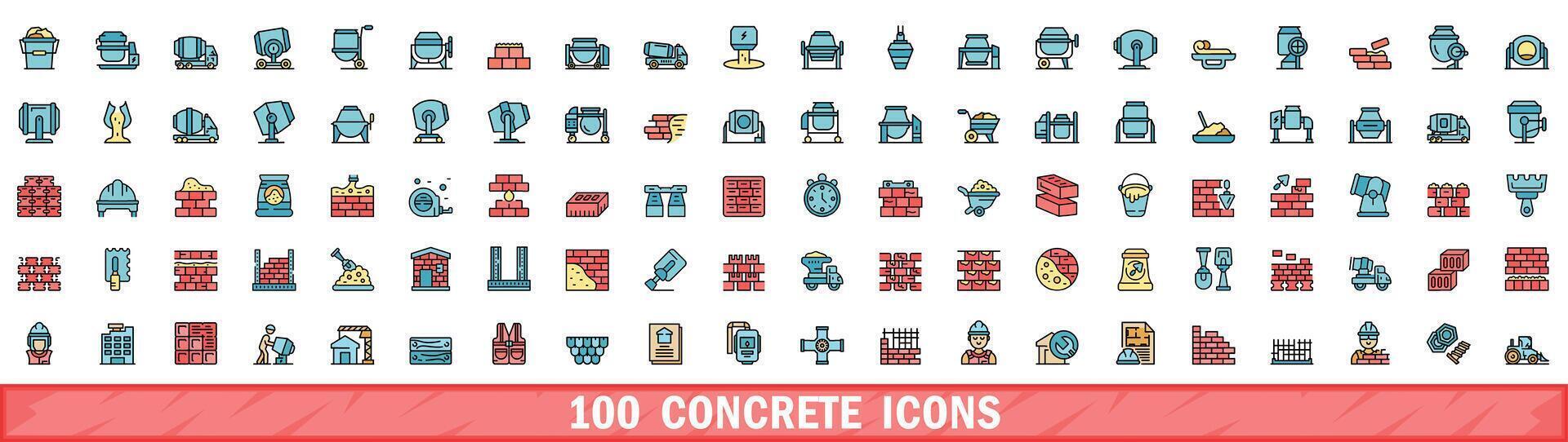 100 concrete icons set, color line style vector