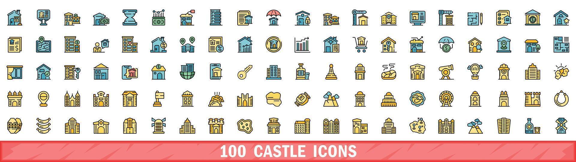 100 castle icons set, color line style vector