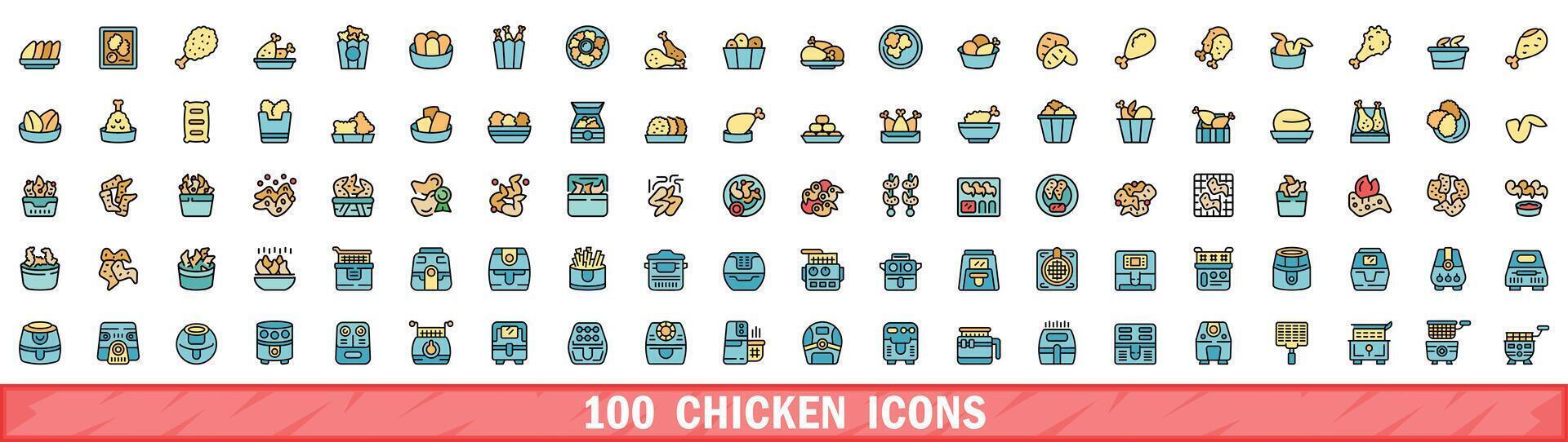 100 chicken icons set, color line style vector