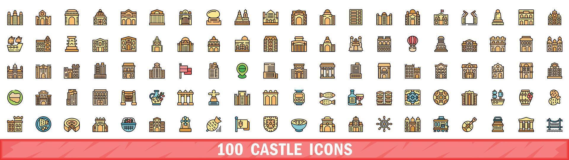 100 castle icons set, color line style vector