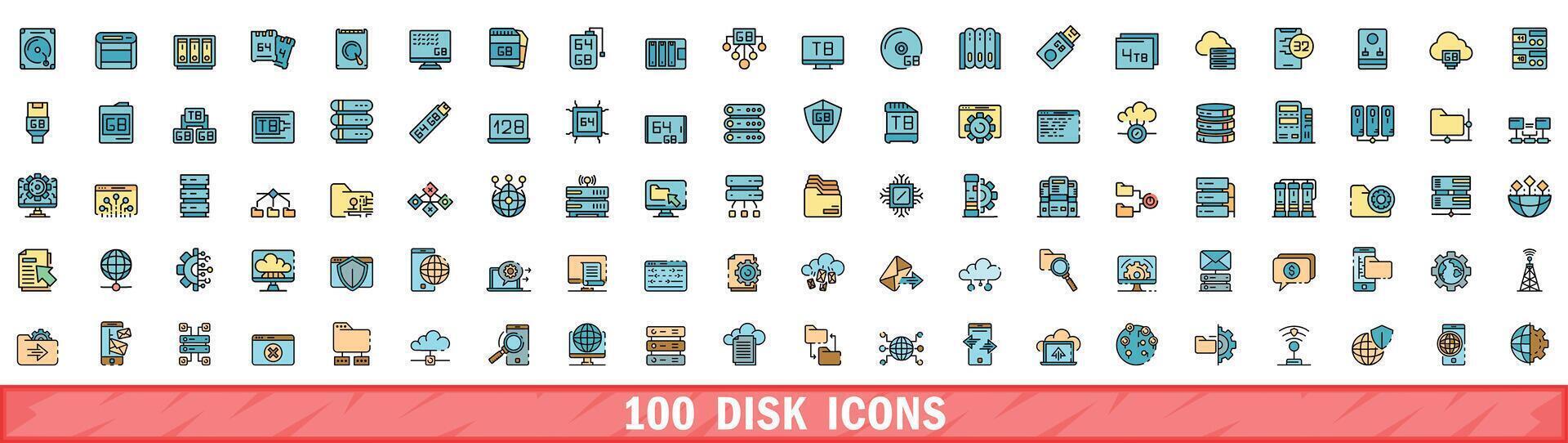 100 disk icons set, color line style vector