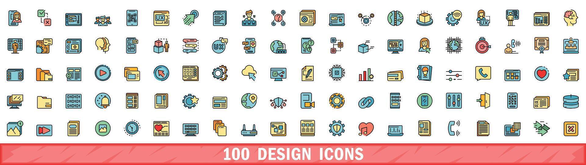 100 design icons set, color line style vector