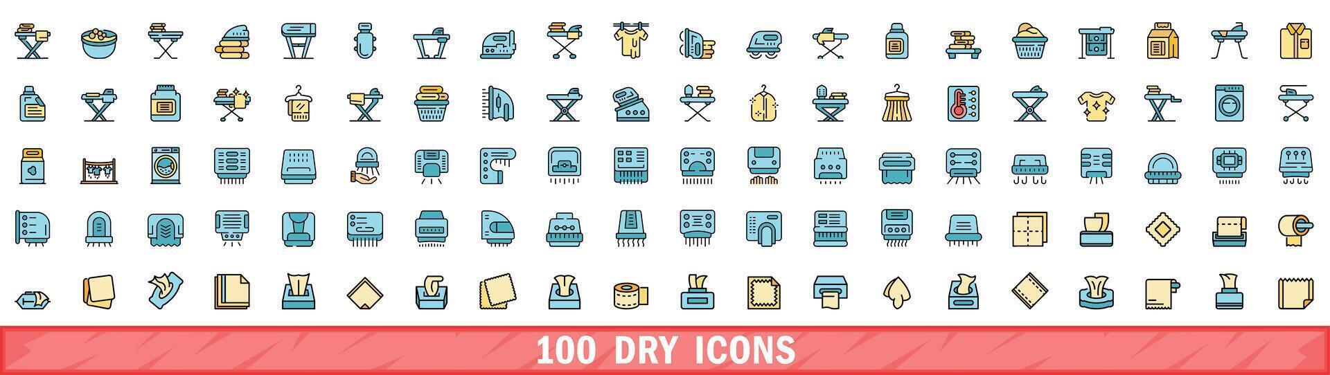 100 dry icons set, color line style vector