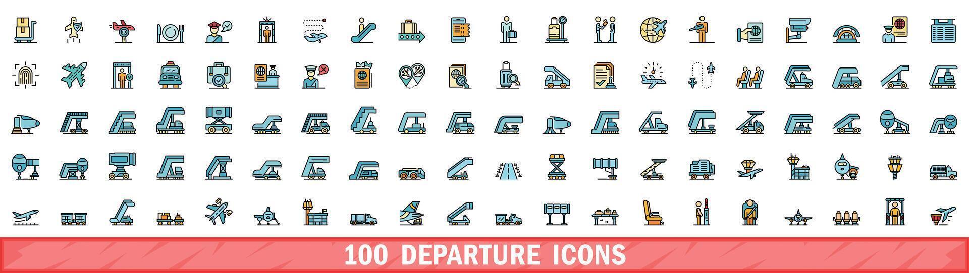 100 departure icons set, color line style vector