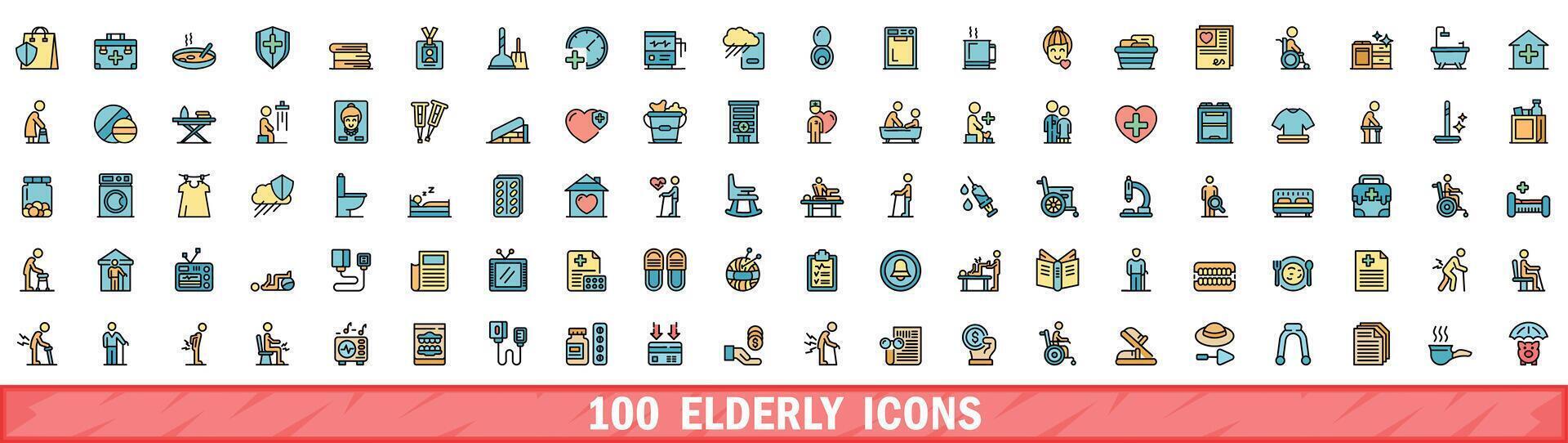 100 elderly icons set, color line style vector