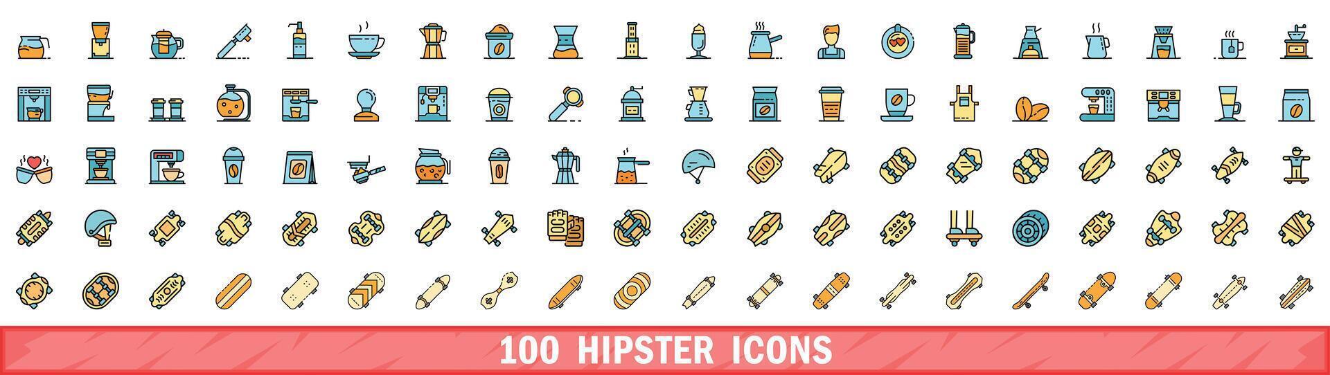100 hipster icons set, color line style vector