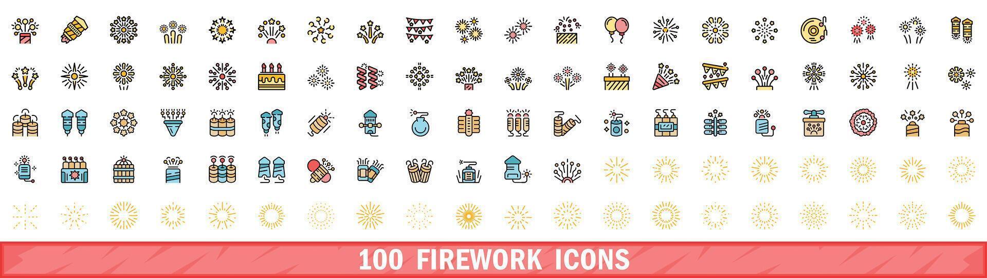 100 firework icons set, color line style vector