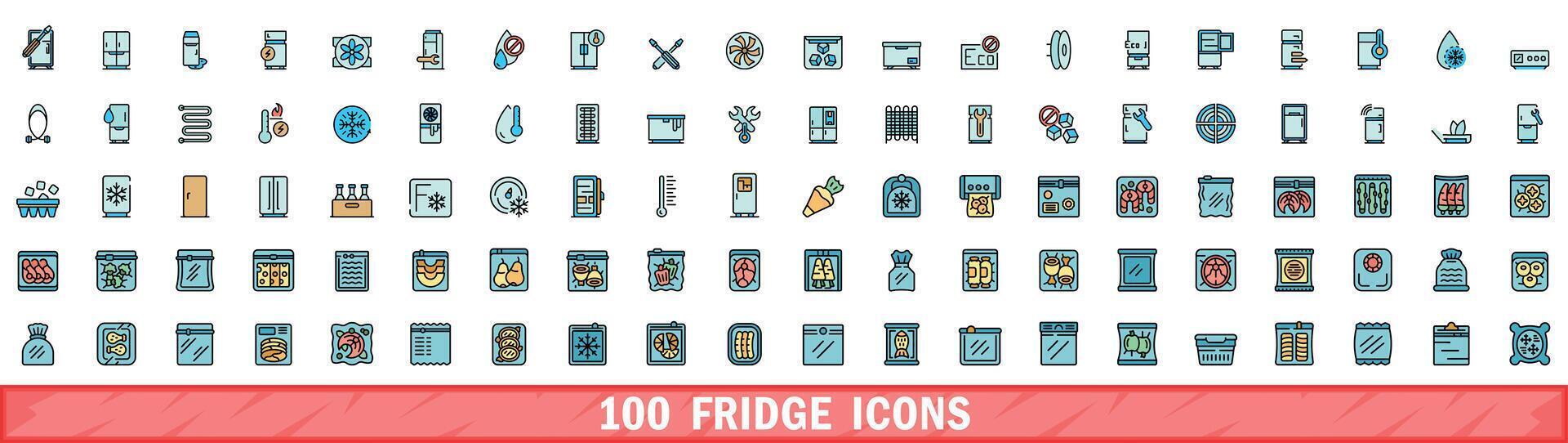 100 fridge icons set, color line style vector