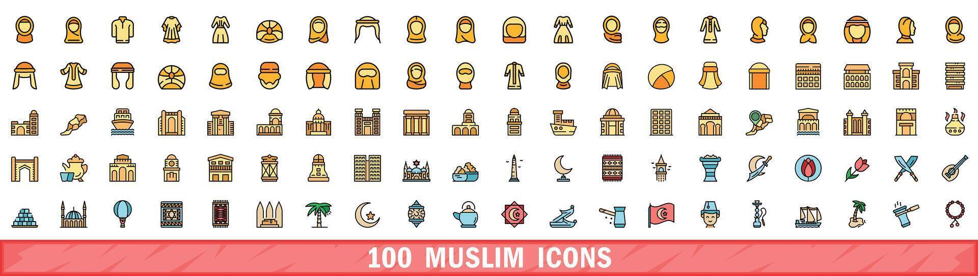 100 muslim icons set, color line style vector