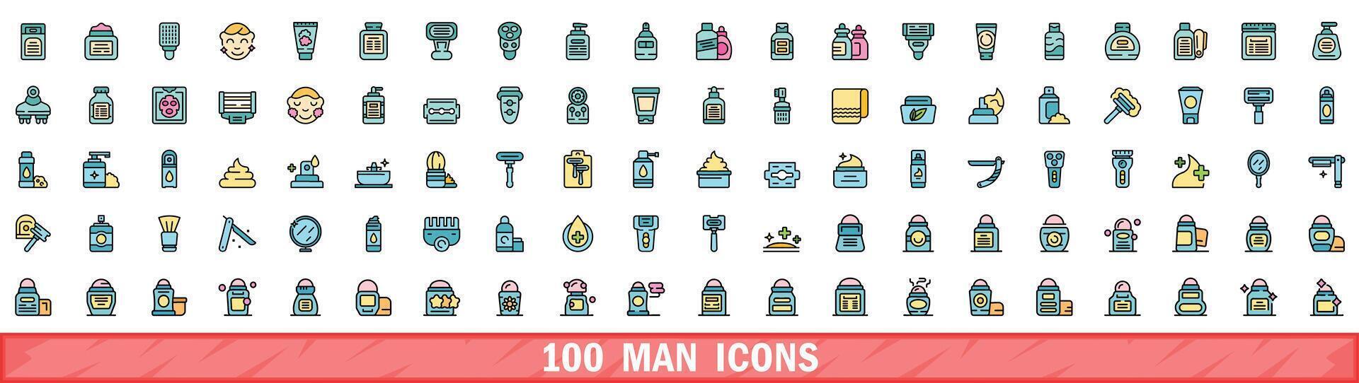 100 man icons set, color line style vector