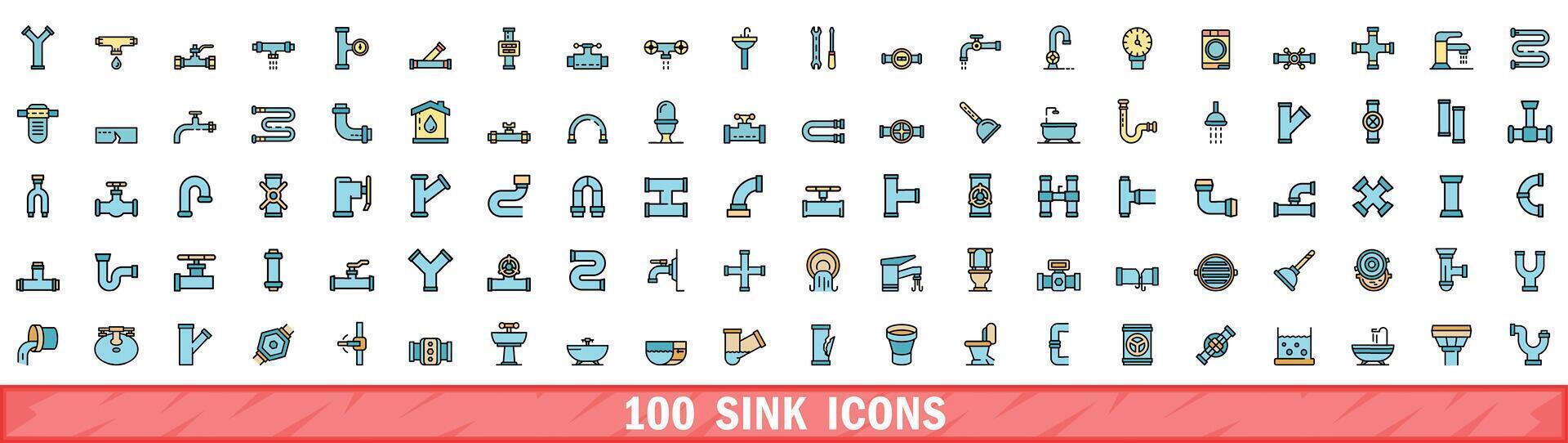 100 sink icons set, color line style vector