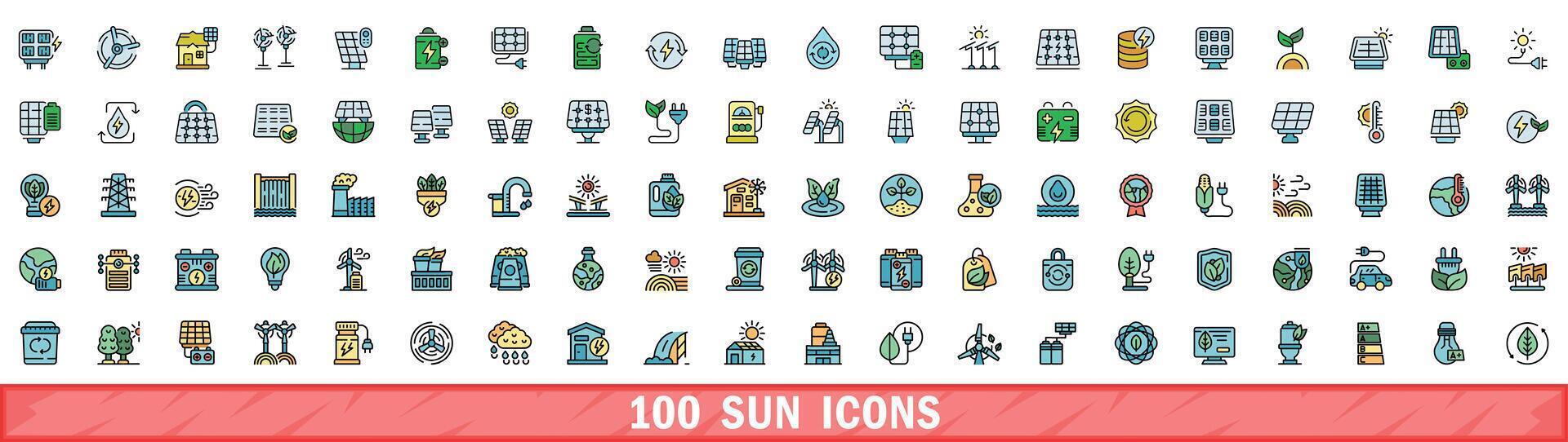 100 sun icons set, color line style vector