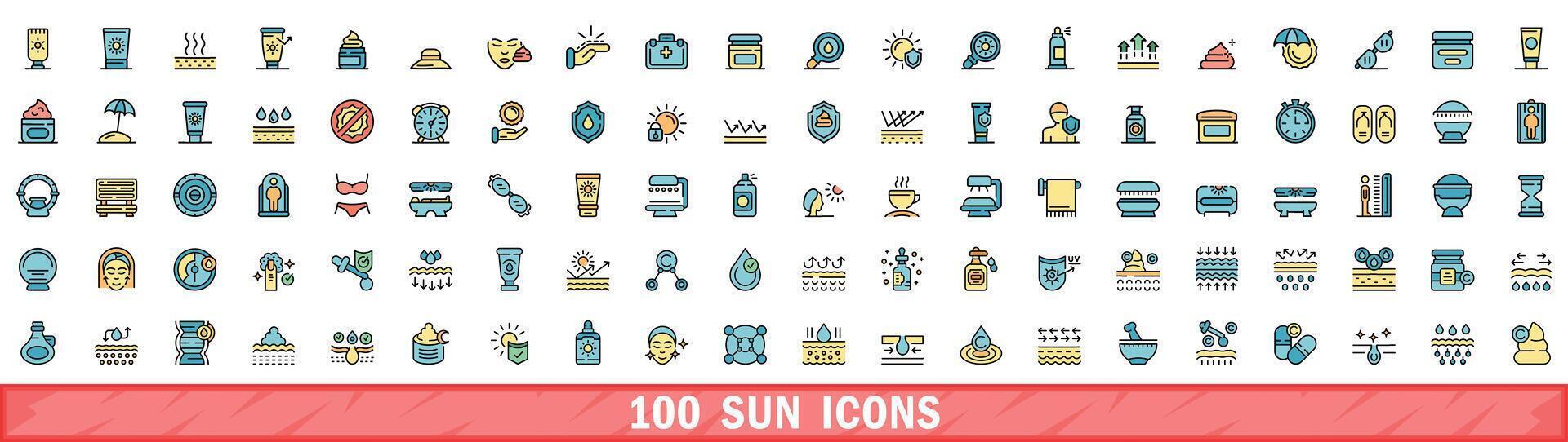 100 sun icons set, color line style vector