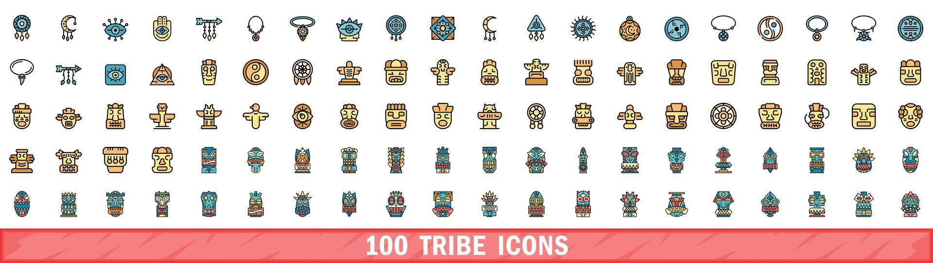 100 tribe icons set, color line style vector