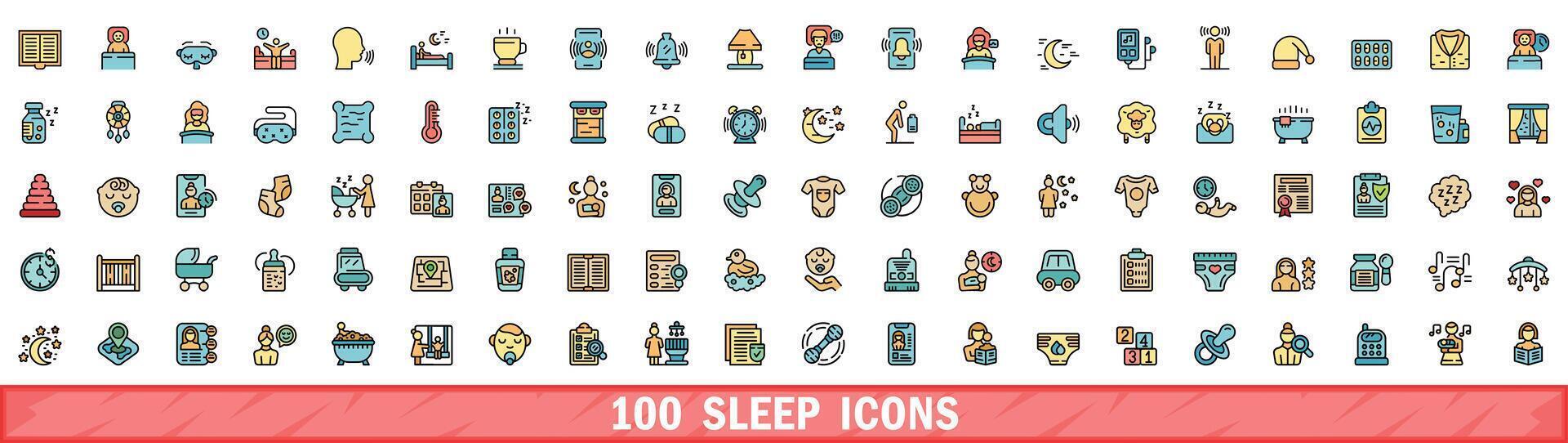 100 sleep icons set, color line style vector