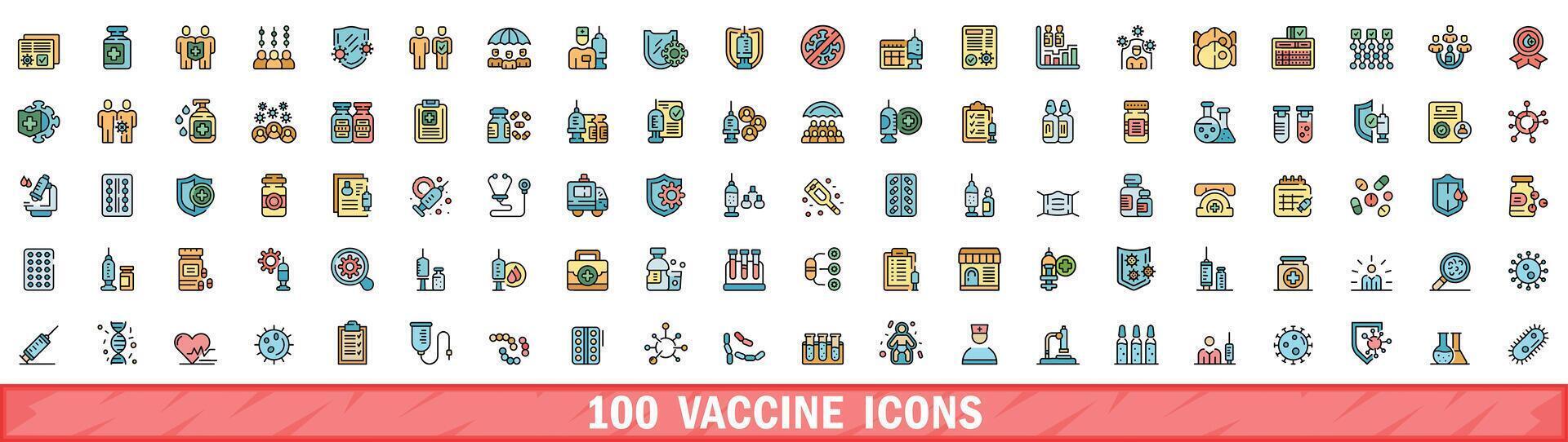 100 vaccine icons set, color line style vector