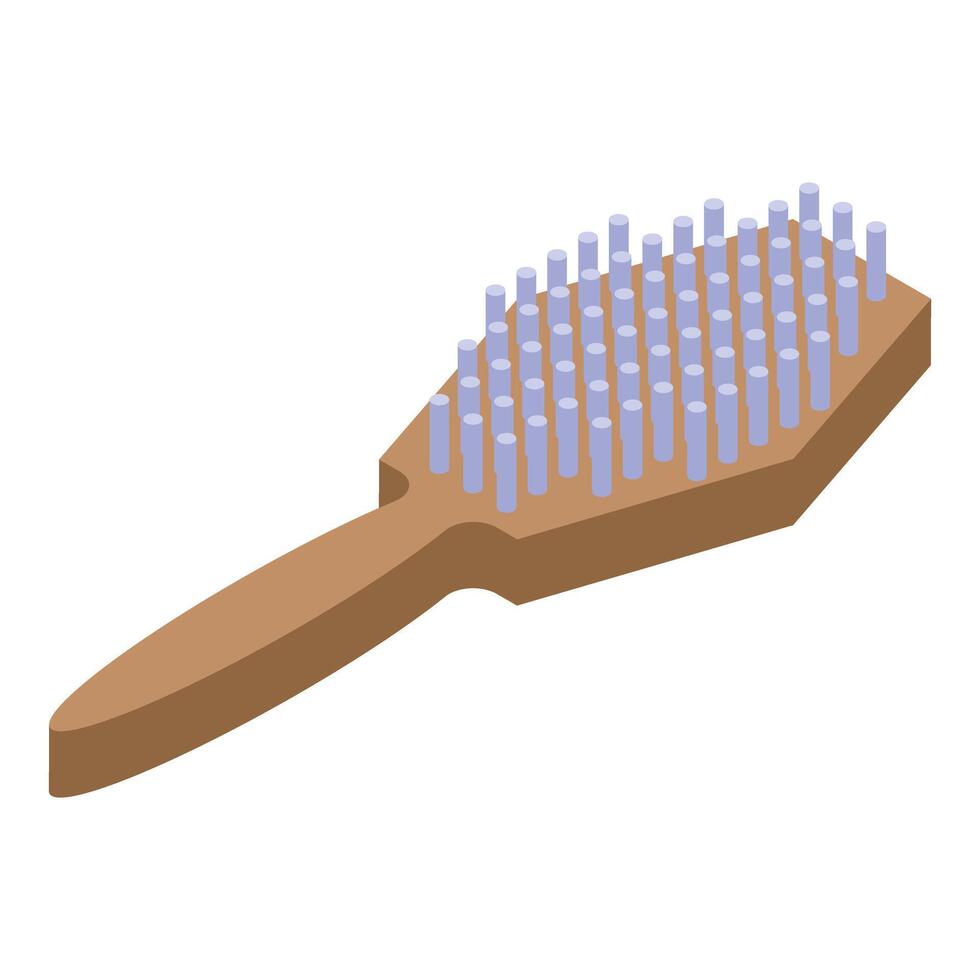 Wooden hairbrush lying on white background with purple bristles vector