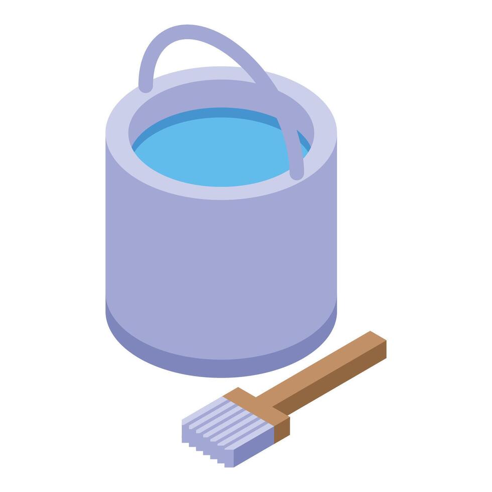 Bucket full of blue dye with brush isometric view vector