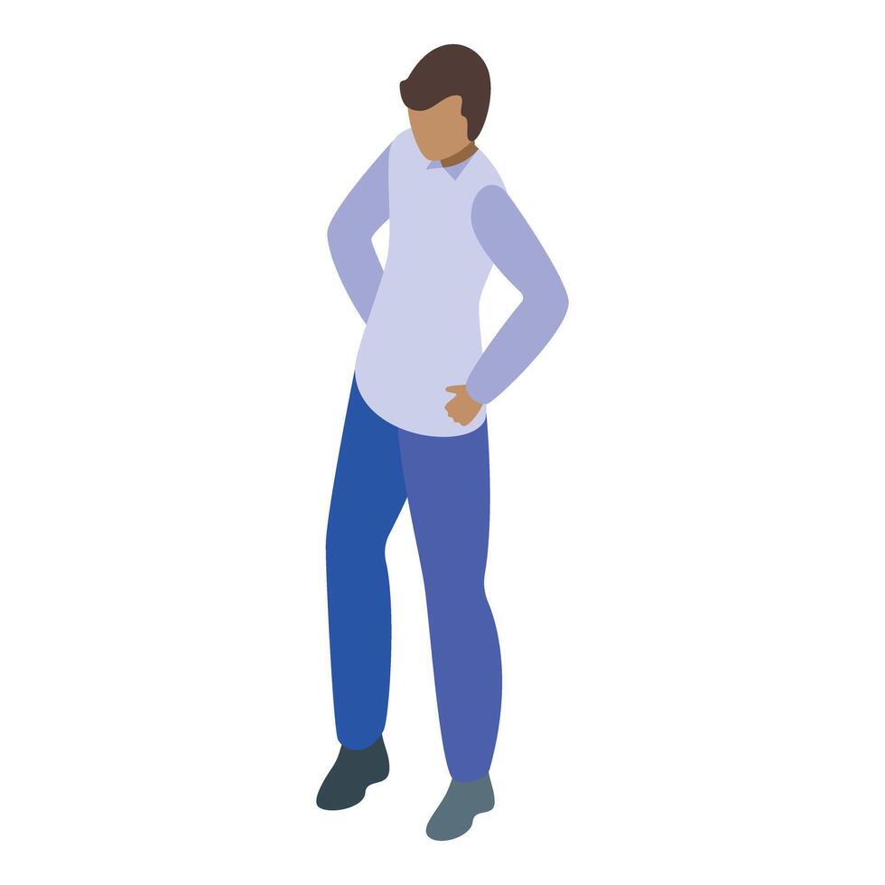 Young man standing with hands on hips is thinking and pondering vector