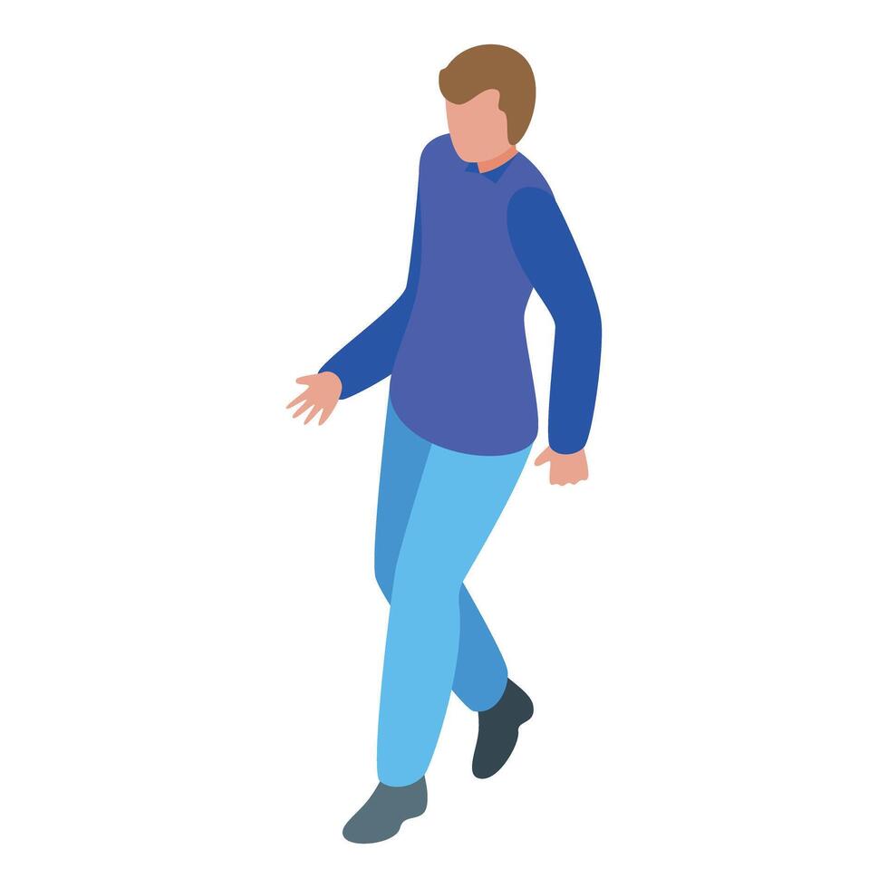 Young man in blue clothes walking forward isometric icon vector