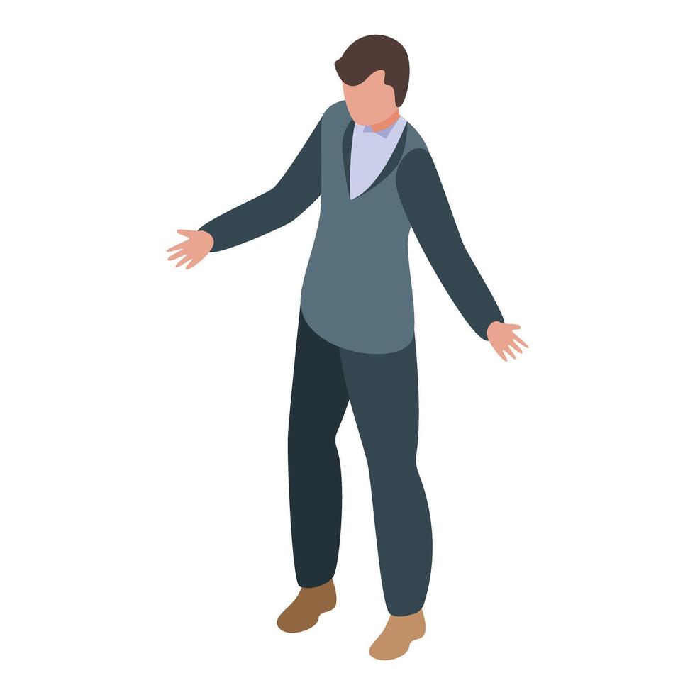 Businessman gesturing with hands apart during presentation in isometric style vector