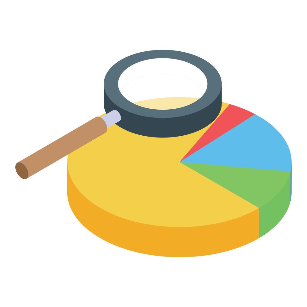 Magnifying glass analyzing pie chart data in isometric view vector