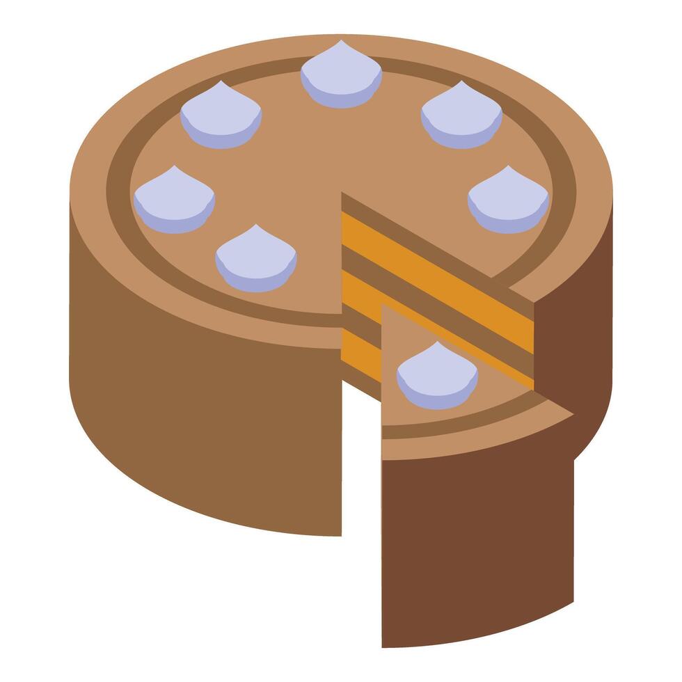 Round chocolate cake being sliced with cream topping isometric view vector