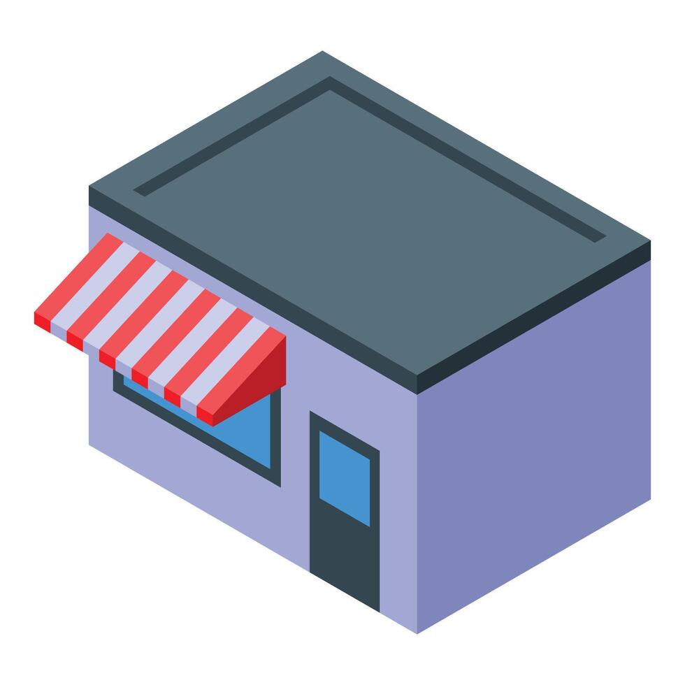 Small shop building with striped awning isometric icon vector