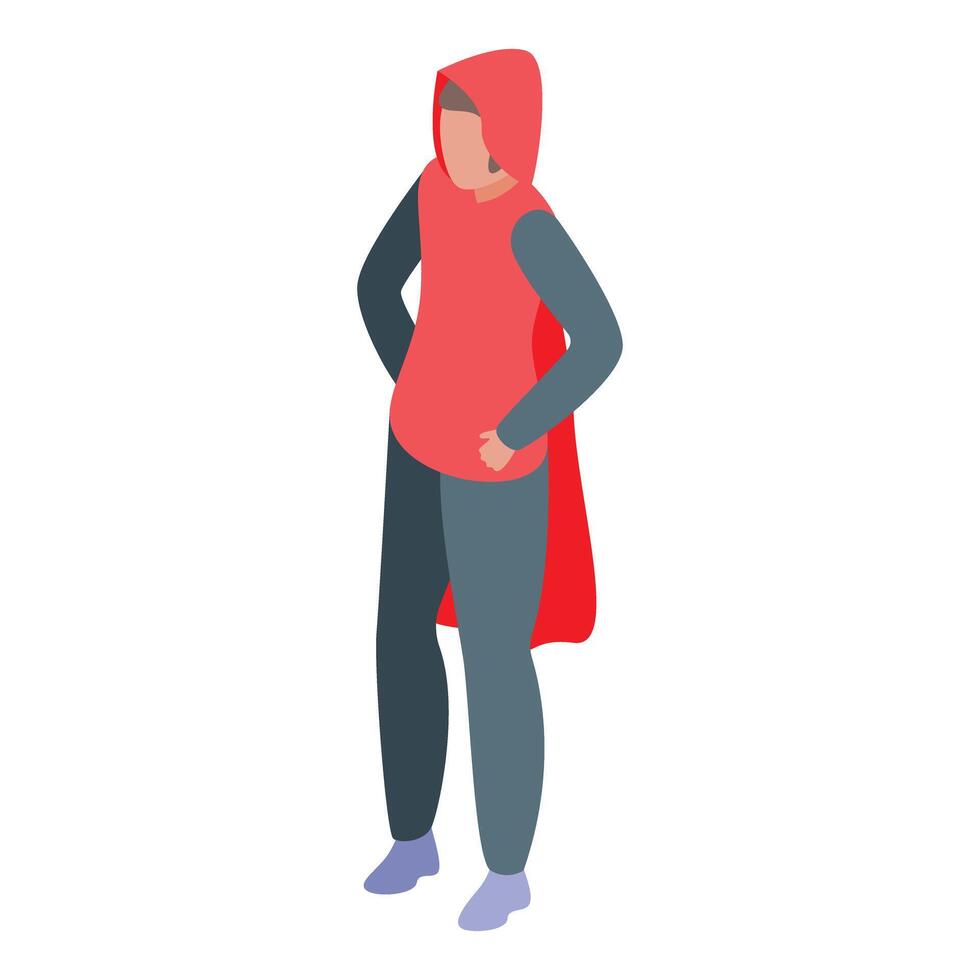 Super hero woman standing with hands on hips wearing red cape isometric icon vector