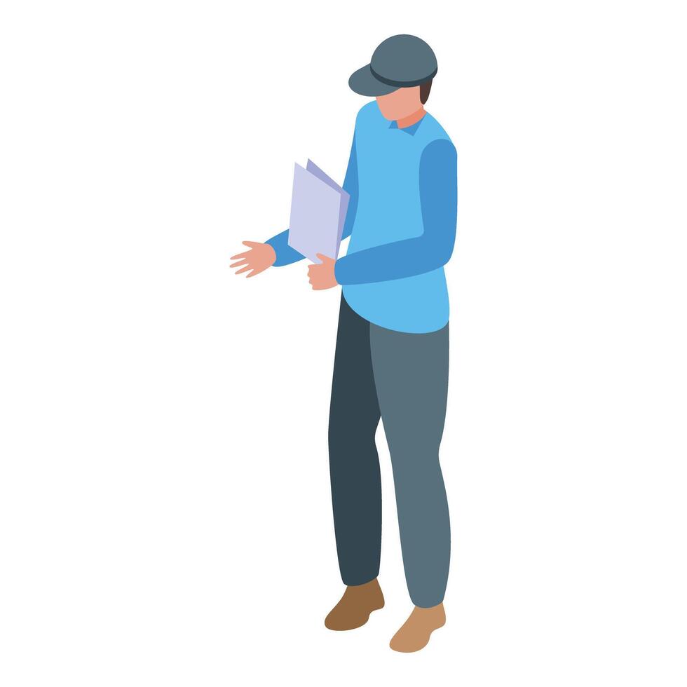 Delivery man holding package isometric icon vector