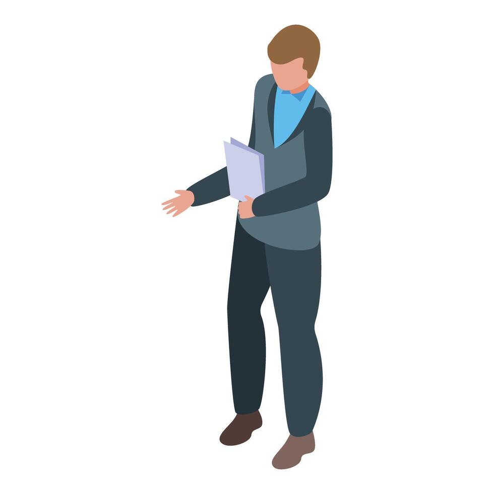Businessman holding documents is gesturing while making a presentation vector
