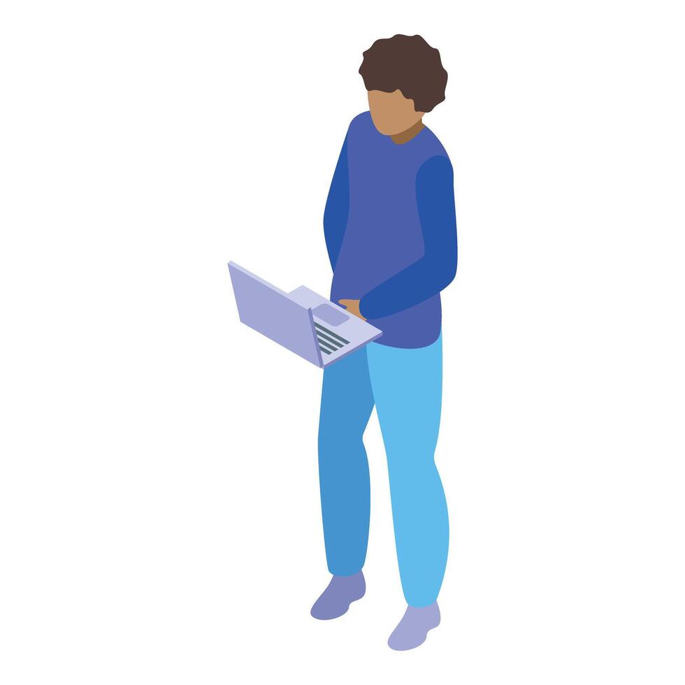 Young man standing and working on laptop isometric icon vector