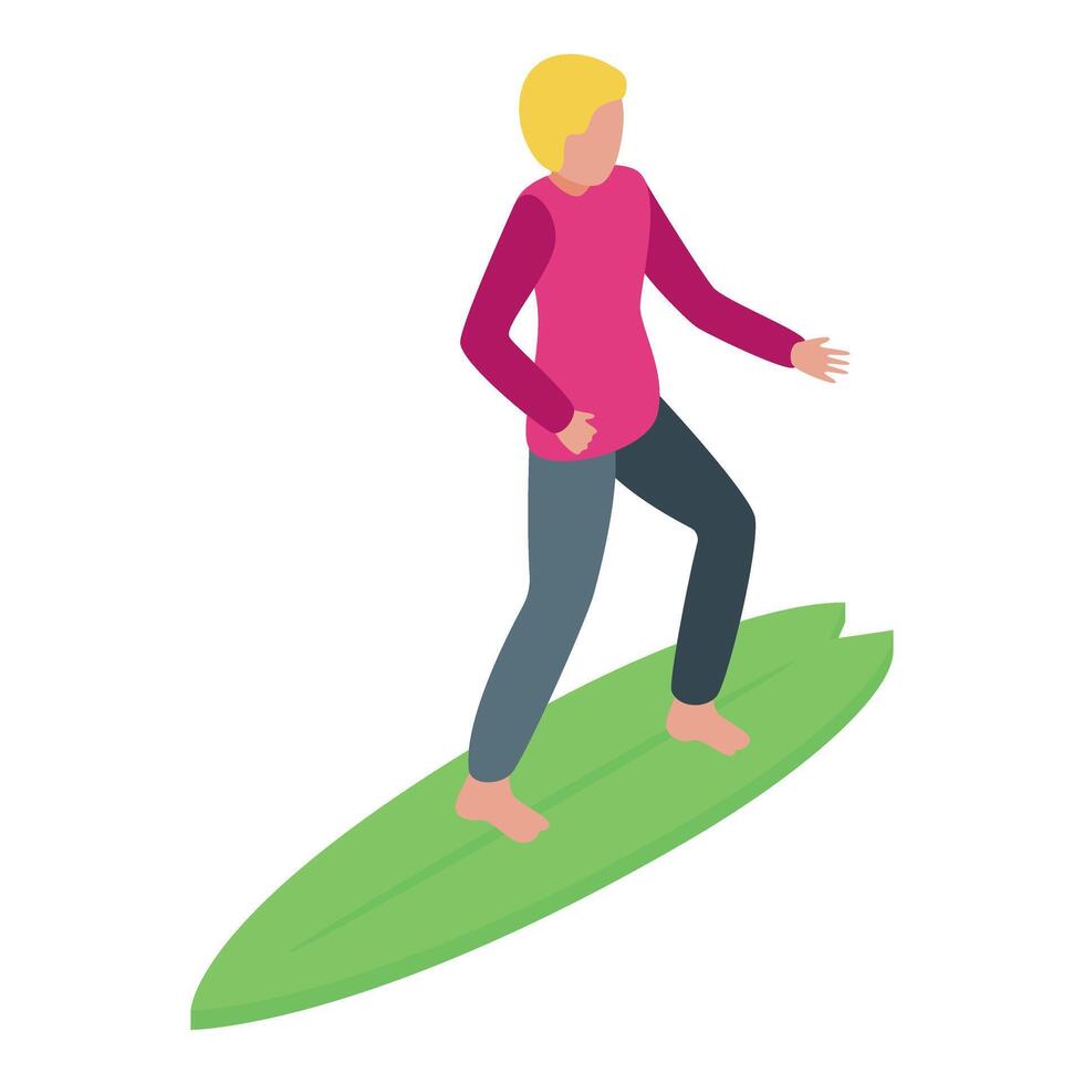 Young surfer is balancing on surfboard, isometric sport icon vector