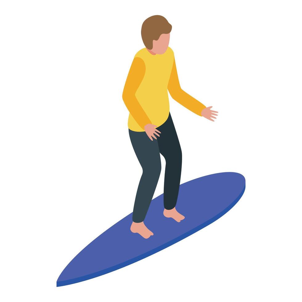 Young man surfing on blue surfboard isometric 3d icon vector