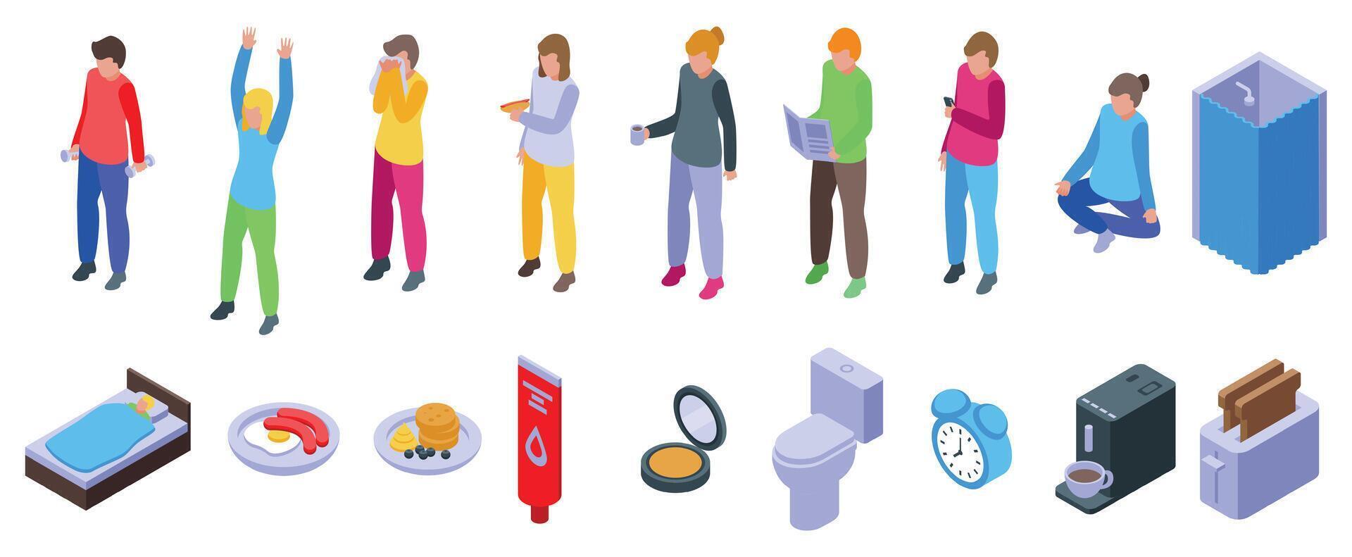 Morning ritual icons set. People enjoying their morning routine, performing various activities before starting their day vector