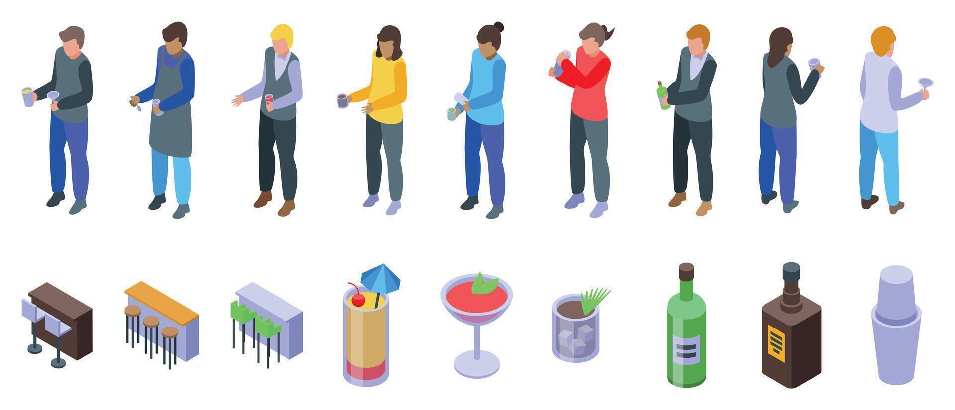 Bartender making cocktail icons set. Bartenders preparing cocktails and serving drinks at bar counter vector